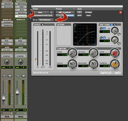 Place the compressor on your bass and set the key input to the same bus you just set up coming from your kick.